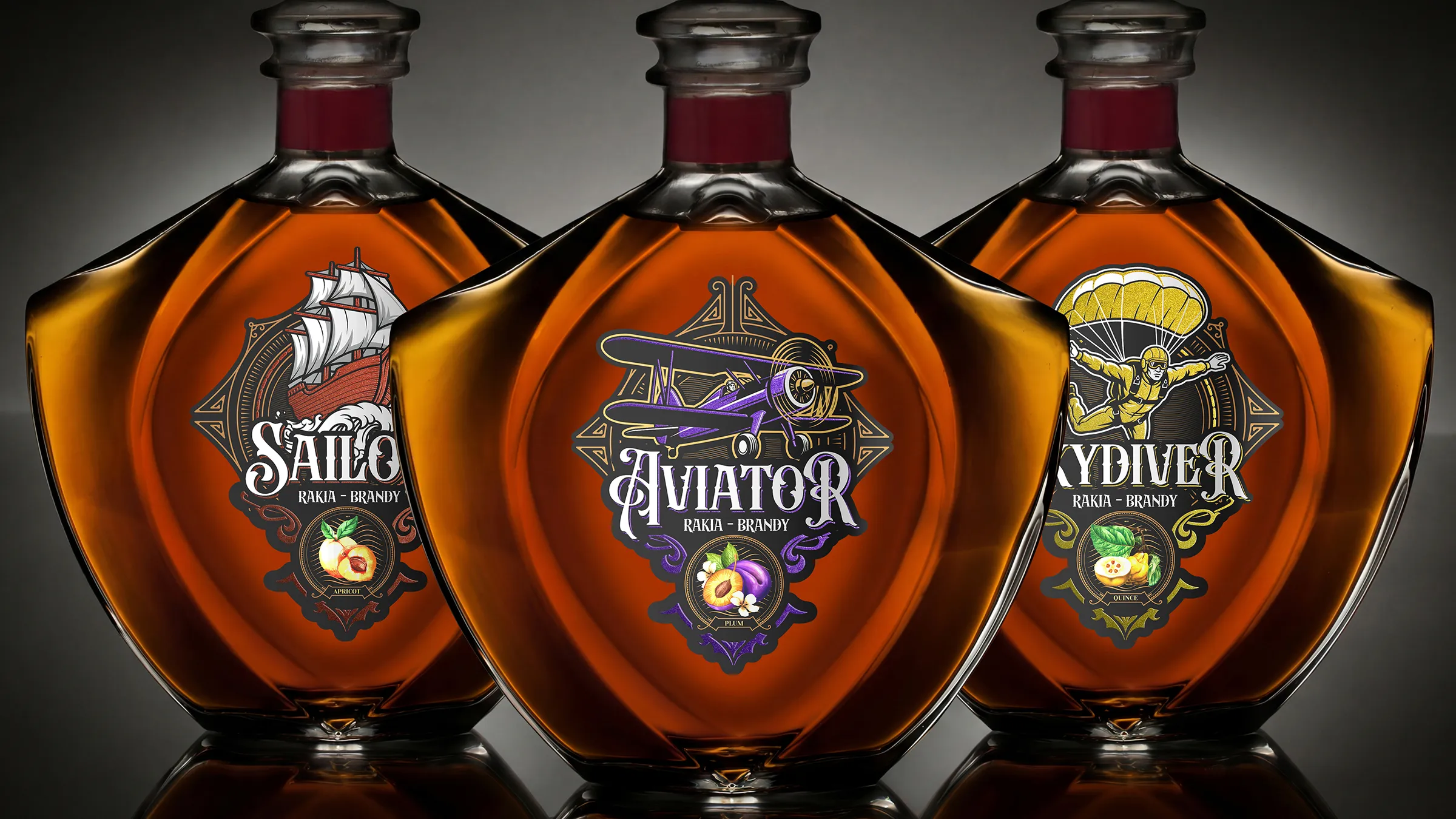 Aviator, Sailor and Skydiver rakia labels - three adventurer-themed brandy designs