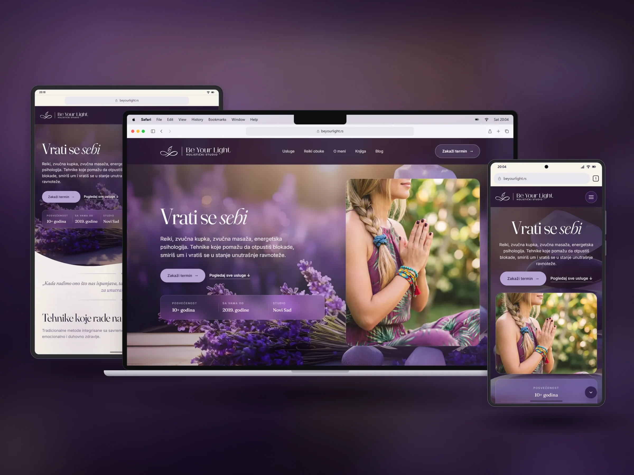 Be Your Light website redesign - homepage on a laptop, tablet and phone