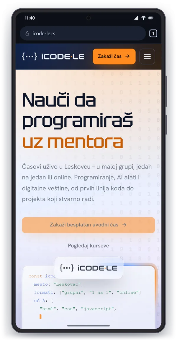 iCode-Le redesign - walkthrough of the mobile site on a phone